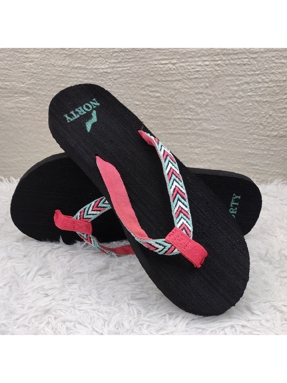 NORTY Black Pink Multicolor Embroidered Strap Round Toe Thong Flip Flop Sandal